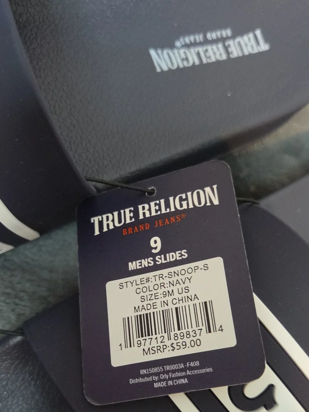 True Religion Navy Blue and White Men's Slide Sandals Sz 9